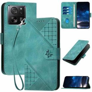 For Xiaomi 13T YX0080 Grid Butterfly Embossed Pattern Flip Leather Phone Case with Lanyard(Light Blue)