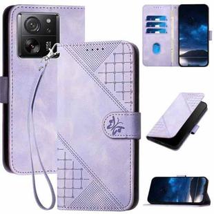 For Xiaomi 13T YX0080 Grid Butterfly Embossed Pattern Flip Leather Phone Case with Lanyard(Light Purple)