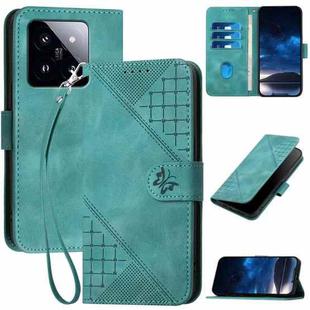 For Xiaomi 14 Pro YX0080 Grid Butterfly Embossed Pattern Leather Phone Case with Lanyard(Light Blue)
