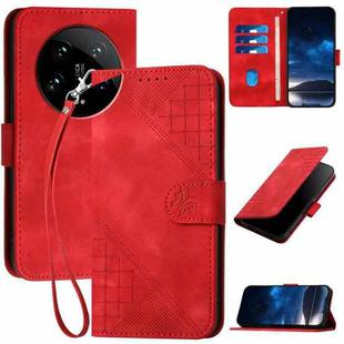 For Xiaomi 14 Ultra YX0080 Grid Butterfly Embossed Pattern Flip Leather Phone Case with Lanyard(Red)