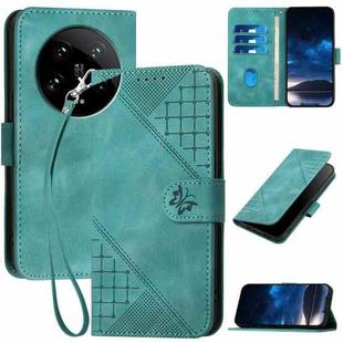 For Xiaomi 14 Ultra YX0080 Grid Butterfly Embossed Pattern Flip Leather Phone Case with Lanyard(Light Blue)