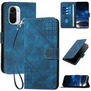 For Xiaomi Poco F3 YX0080 Grid Butterfly Embossed Pattern Flip Leather Phone Case with Lanyard(Dark Blue)