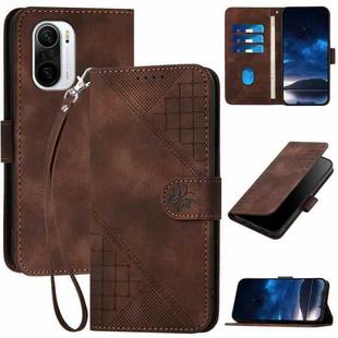 For Xiaomi Poco F3 YX0080 Grid Butterfly Embossed Pattern Flip Leather Phone Case with Lanyard(Coffee)