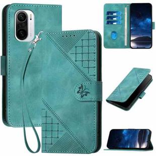 For Xiaomi Poco F3 YX0080 Grid Butterfly Embossed Pattern Flip Leather Phone Case with Lanyard(Light Blue)