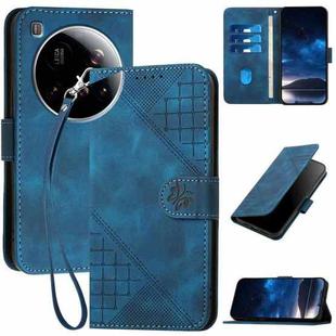 For Xiaomi 15 Ultra Grid Butterfly Embossed Pattern Leather Phone Case with Lanyard(Dark Blue)