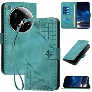 For Xiaomi 15 Ultra Grid Butterfly Embossed Pattern Leather Phone Case with Lanyard(Light Blue)