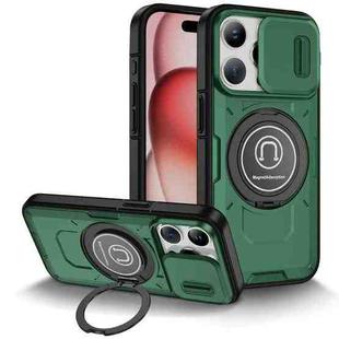 For iPhone 15 Pro Sliding Camshield TPU Hybrid PC Magnetic Holder Phone Case(Dark Green)