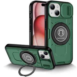 For iPhone 15 Sliding Camshield TPU Hybrid PC Magnetic Holder Phone Case(Dark Green)