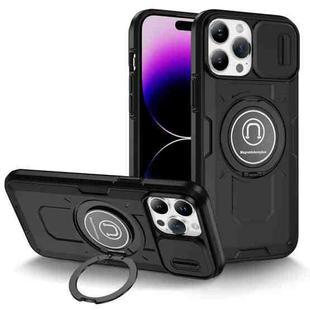 For iPhone 14 Pro Max Sliding Camshield TPU Hybrid PC Magnetic Holder Phone Case(Black)