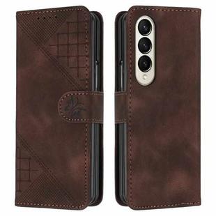 For Samsung Galaxy Z Fold3 5G YX0080 Grid Butterfly Embossed Pattern Flip Leather Phone Case with Lanyard(Coffee)