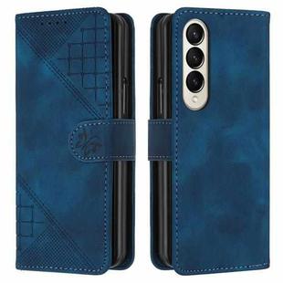 For Samsung Galaxy Z Fold4 YX0080 Grid Butterfly Embossed Pattern Flip Leather Phone Case with Lanyard(Dark Blue)