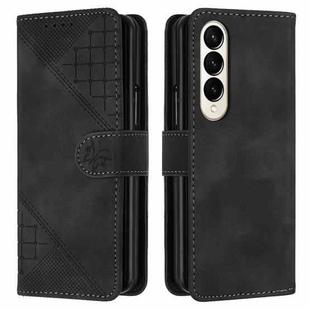 For Samsung Galaxy Z Fold4 YX0080 Grid Butterfly Embossed Pattern Flip Leather Phone Case with Lanyard(Black)