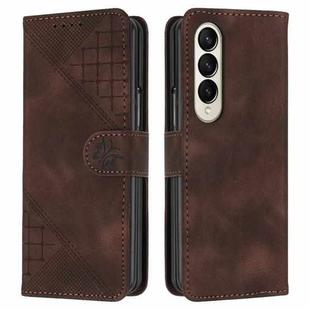 For Samsung Galaxy Z Fold4 YX0080 Grid Butterfly Embossed Pattern Flip Leather Phone Case with Lanyard(Coffee)