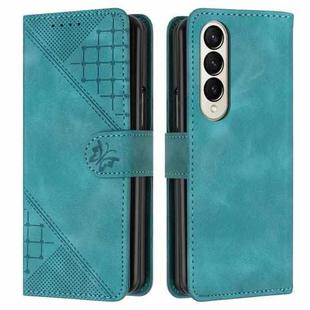 For Samsung Galaxy Z Fold4 YX0080 Grid Butterfly Embossed Pattern Flip Leather Phone Case with Lanyard(Light Blue)