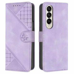 For Samsung Galaxy Z Fold4 YX0080 Grid Butterfly Embossed Pattern Flip Leather Phone Case with Lanyard(Light Purple)