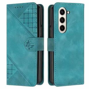 For Samsung Galaxy Z Fold5 YX0080 Grid Butterfly Embossed Pattern Flip Leather Phone Case with Lanyard(Light Blue)