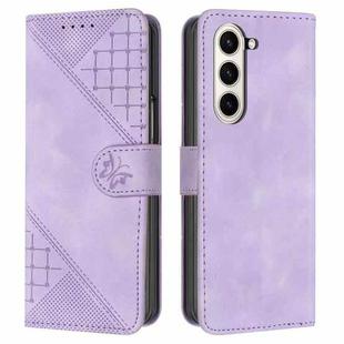 For Samsung Galaxy Z Fold5 YX0080 Grid Butterfly Embossed Pattern Flip Leather Phone Case with Lanyard(Light Purple)