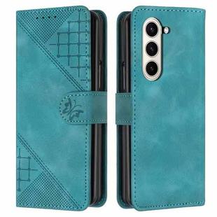 For Samsung Galaxy Z Fold6 YX0080 Grid Butterfly Embossed Pattern Flip Leather Phone Case with Lanyard(Light Blue)