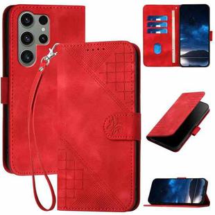 For Samsung Galaxy S23 Ultra 5G YX0080 Grid Butterfly Embossed Pattern Flip Leather Phone Case with Lanyard(Red)