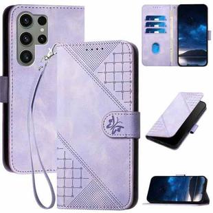 For Samsung Galaxy S23 Ultra 5G YX0080 Grid Butterfly Embossed Pattern Flip Leather Phone Case with Lanyard(Light Purple)