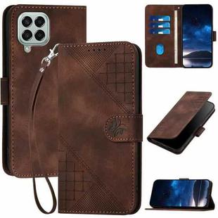 For Samsung Galaxy M33 5G Global YX0080 Grid Butterfly Embossed Pattern Flip Leather Phone Case with Lanyard(Coffee)