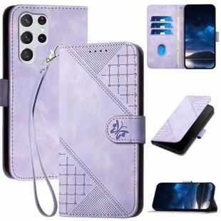 For Samsung Galaxy S22 Ultra 5G YX0080 Grid Butterfly Embossed Pattern Flip Leather Phone Case with Lanyard(Light Purple)