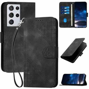 For Samsung Galaxy S21 Ultra 5G YX0080 Grid Butterfly Embossed Pattern Flip Leather Phone Case with Lanyard(Black)