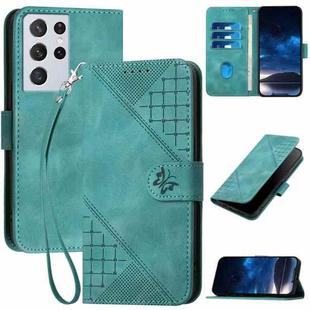 For Samsung Galaxy S21 Ultra 5G YX0080 Grid Butterfly Embossed Pattern Flip Leather Phone Case with Lanyard(Light Blue)