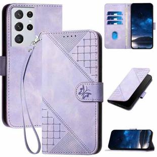 For Samsung Galaxy S21 Ultra 5G YX0080 Grid Butterfly Embossed Pattern Flip Leather Phone Case with Lanyard(Light Purple)