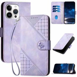 For iPhone 16 Pro Max YX0080 Grid Butterfly Embossed Pattern Flip Leather Phone Case with Lanyard(Light Purple)