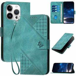 For iPhone 16 Pro YX0080 Grid Butterfly Embossed Pattern Flip Leather Phone Case with Lanyard(Light Blue)