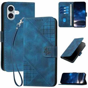 For iPhone 16 Plus YX0080 Grid Butterfly Embossed Pattern Flip Leather Phone Case with Lanyard(Dark Blue)