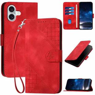 For iPhone 16 Plus YX0080 Grid Butterfly Embossed Pattern Flip Leather Phone Case with Lanyard(Red)