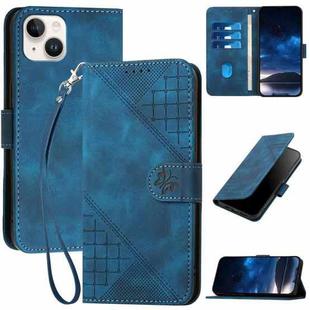 For iPhone 15 Plus YX0080 Grid Butterfly Embossed Pattern Flip Leather Phone Case with Lanyard(Dark Blue)