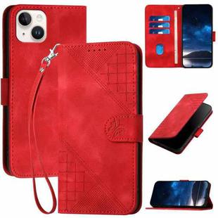 For iPhone 15 Plus YX0080 Grid Butterfly Embossed Pattern Flip Leather Phone Case with Lanyard(Red)