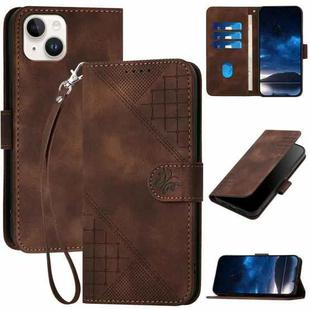 For iPhone 15 Plus YX0080 Grid Butterfly Embossed Pattern Flip Leather Phone Case with Lanyard(Coffee)