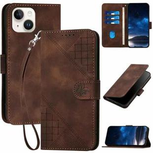 For iPhone 15 YX0080 Grid Butterfly Embossed Pattern Flip Leather Phone Case with Lanyard(Coffee)