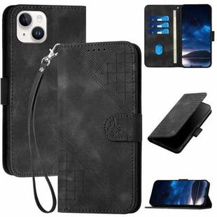 For iPhone 14 Plus YX0080 Grid Butterfly Embossed Pattern Flip Leather Phone Case with Lanyard(Black)