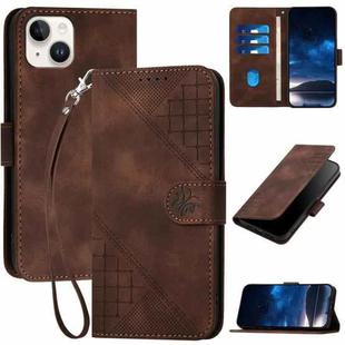 For iPhone 14 Plus YX0080 Grid Butterfly Embossed Pattern Flip Leather Phone Case with Lanyard(Coffee)