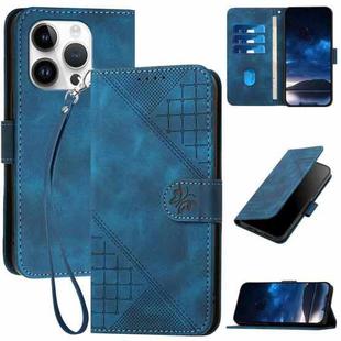 For iPhone 14 Pro YX0080 Grid Butterfly Embossed Pattern Flip Leather Phone Case with Lanyard(Dark Blue)