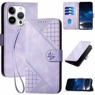 For iPhone 14 Pro YX0080 Grid Butterfly Embossed Pattern Flip Leather Phone Case with Lanyard(Light Purple)