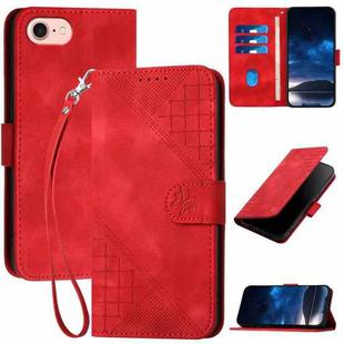 For iPhone 7 / 8 / SE 2022 YX0080 Grid Butterfly Embossed Pattern Flip Leather Phone Case with Lanyard(Red)