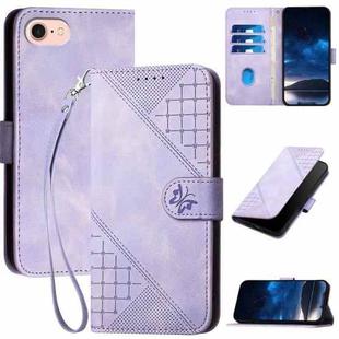 For iPhone 7 / 8 / SE 2022 YX0080 Grid Butterfly Embossed Pattern Flip Leather Phone Case with Lanyard(Light Purple)