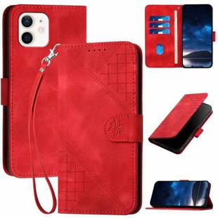 For iPhone 12 / 12 Pro YX0080 Grid Butterfly Embossed Pattern Flip Leather Phone Case with Lanyard(Red)