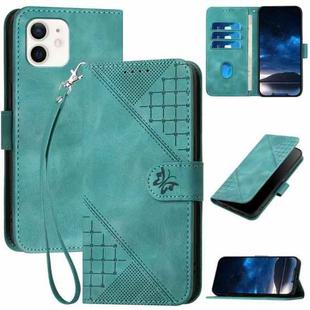 For iPhone 12 / 12 Pro YX0080 Grid Butterfly Embossed Pattern Flip Leather Phone Case with Lanyard(Light Blue)