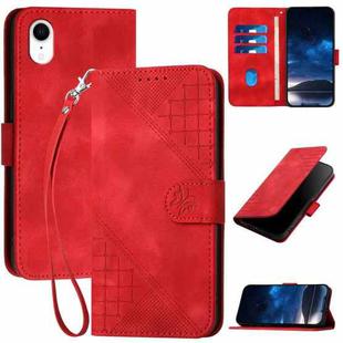 For iPhone XR YX0080 Grid Butterfly Embossed Pattern Flip Leather Phone Case with Lanyard(Red)