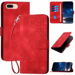 For iPhone 8 Plus / 7 Plus YX0080 Grid Butterfly Embossed Pattern Flip Leather Phone Case with Lanyard(Red)