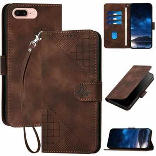 For iPhone 8 Plus / 7 Plus YX0080 Grid Butterfly Embossed Pattern Flip Leather Phone Case with Lanyard(Coffee)