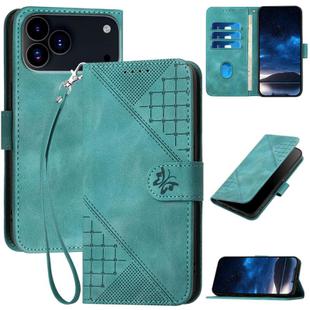 For iPhone 17 Pro Max YX0080 Grid Butterfly Embossed Pattern Flip Leather Phone Case with Lanyard(Light Blue)