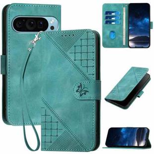 For Google Pixel 9 Pro XL YX0080 Grid Butterfly Embossed Pattern Flip Leather Phone Case with Lanyard(Light Blue)